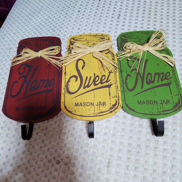 HOME SWEET HOME MASON JAR SIGN COAT HANGER WALL DECOR - Picture 1 of 3
